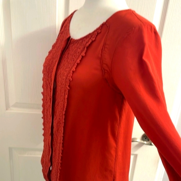 Anthropologie Maeve Burnt Orange 3/4 Sleeve Buttoned Blouse with Crochet Front - Picture 8 of 11